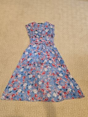 Zara Blue Floral Maxi Dress/ Romper with Red, Pink, & White Blooms, Size M